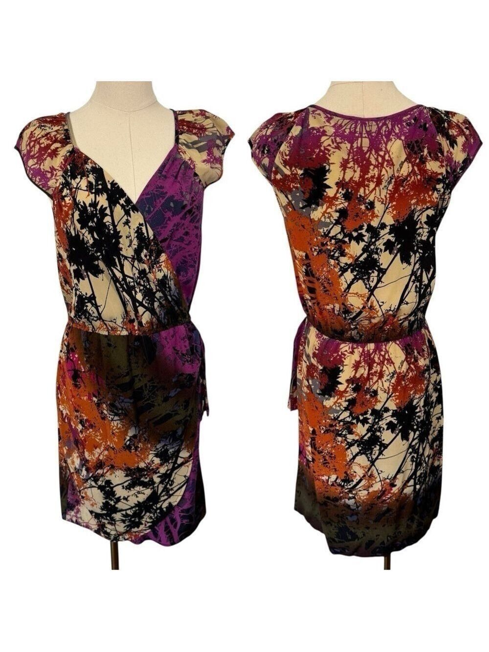 Charlie Jade 100% Silk Wrap Dress Sz S Dark Neutrals Floral Short Sundress EUC